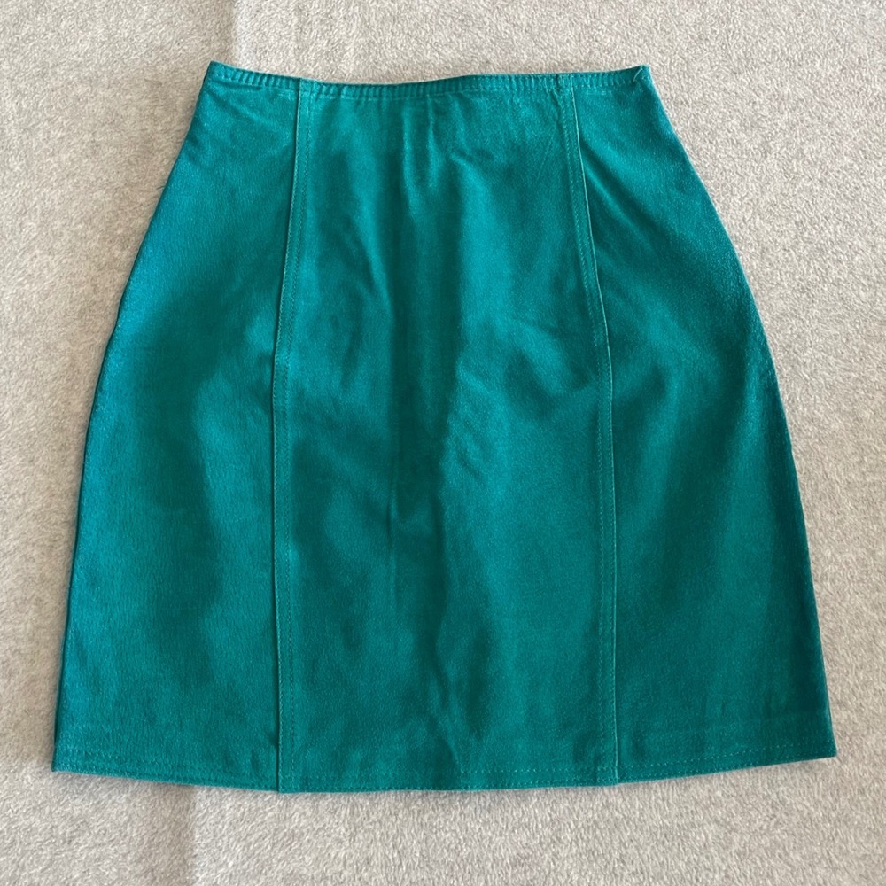 Vintage Copper Key Teal Suede Leather Mini Skirt High Waist Made in Korea Sz 7
